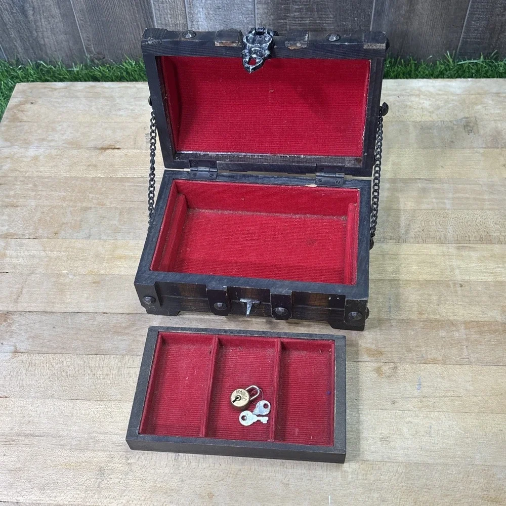 Vintage Made in Japan Wooden Treasure Chest Jewelry Box Gothic